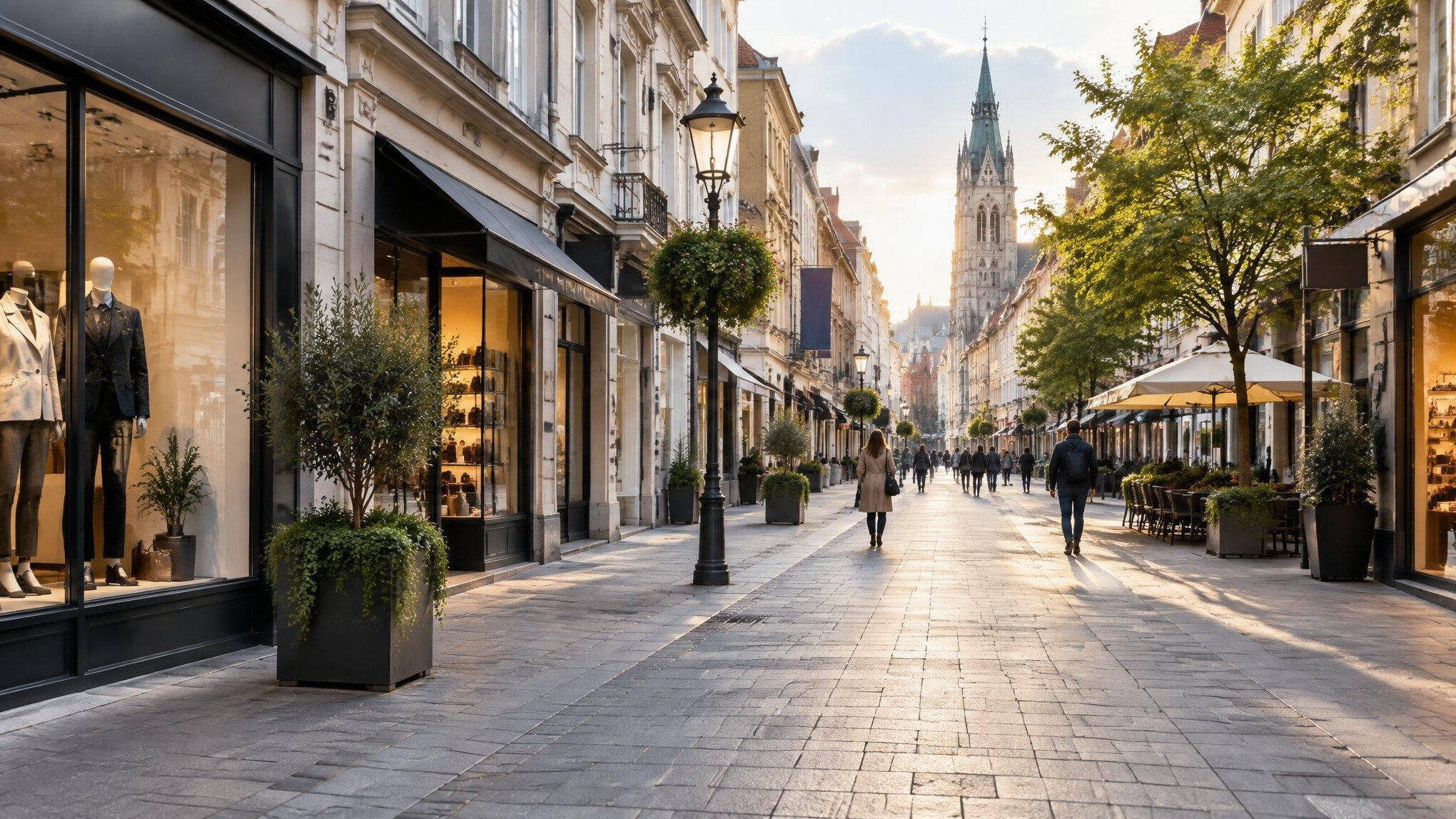 Busy city shopping street with storefronts