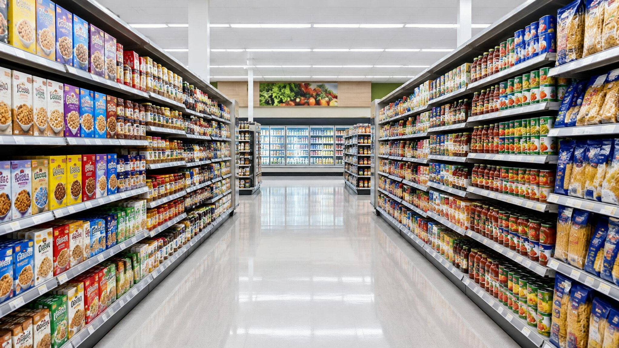 Supermarket aisle with stocked shelves