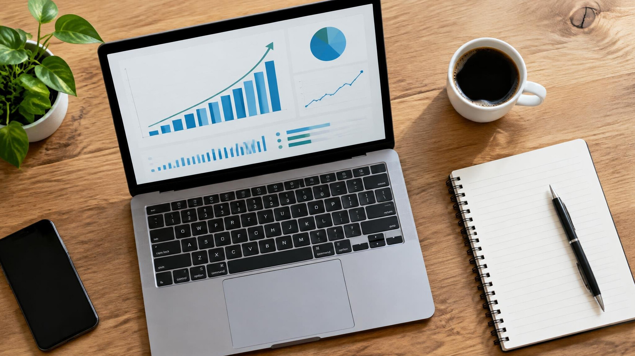 Laptop with business charts and notebook on a desk