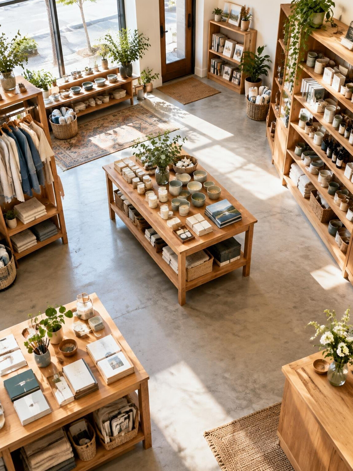 Bright bookstore interior with wooden shelves and open floor