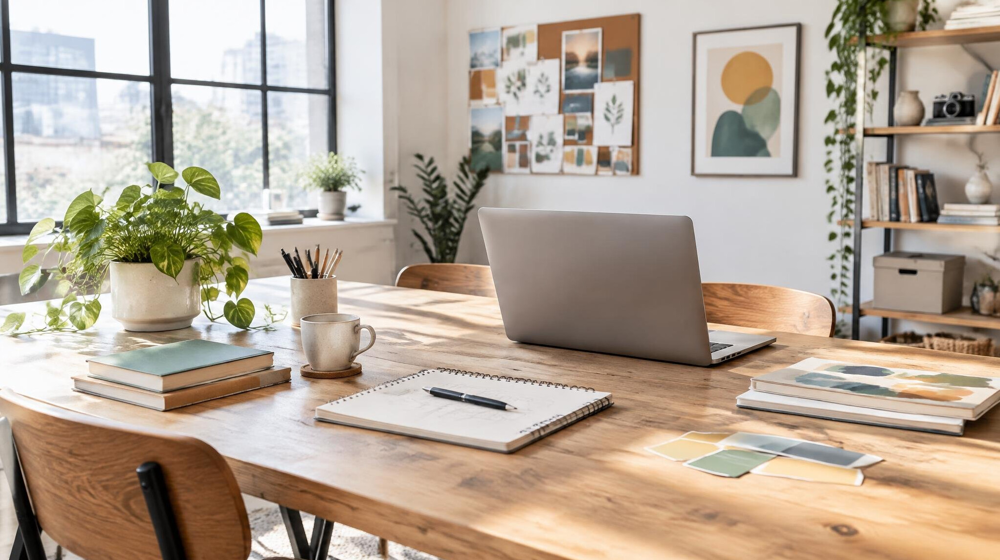 Bright creative workspace with laptop and notebooks