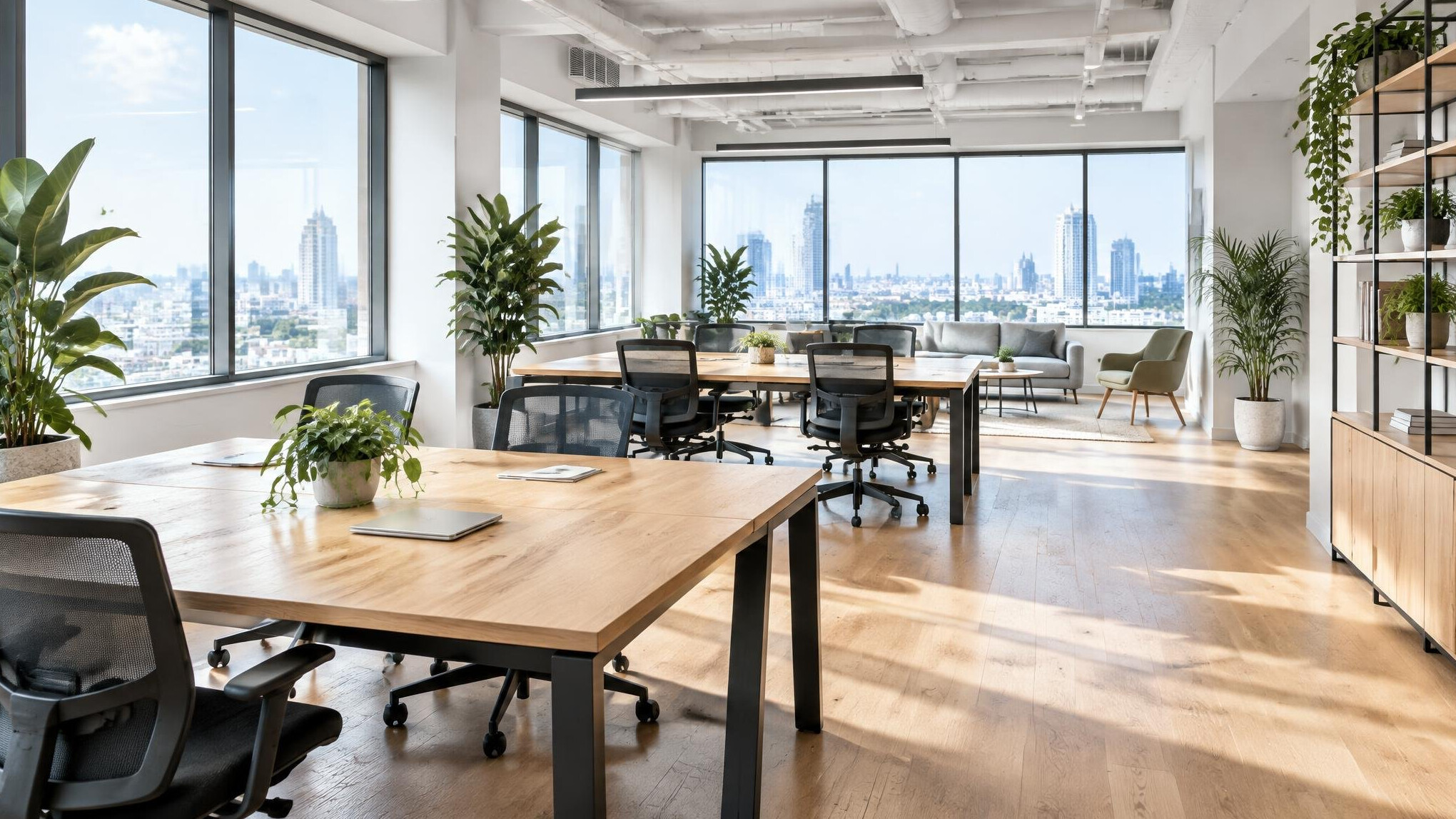 Modern bright office space with large windows